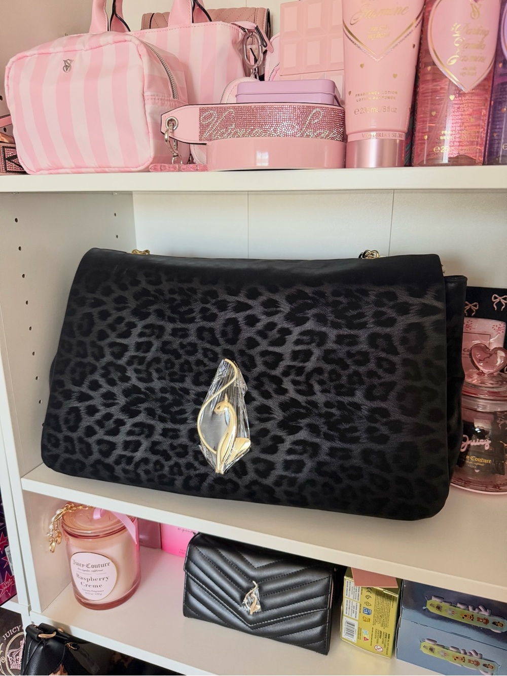 Baby Phat Black Leopard-Print Large Shoulder Tote with Gold Accent